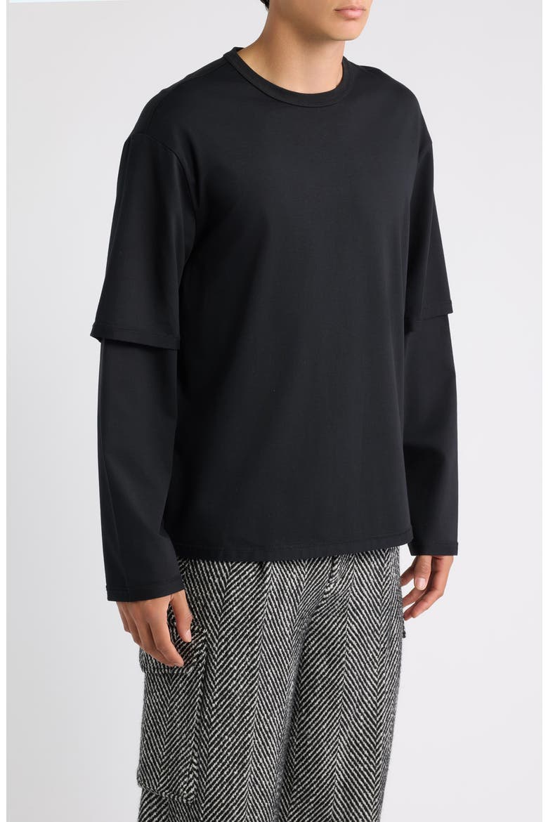 Double Layer Long Sleeve Stretch Cotton T-Shirt, Alternate, color, BLACK