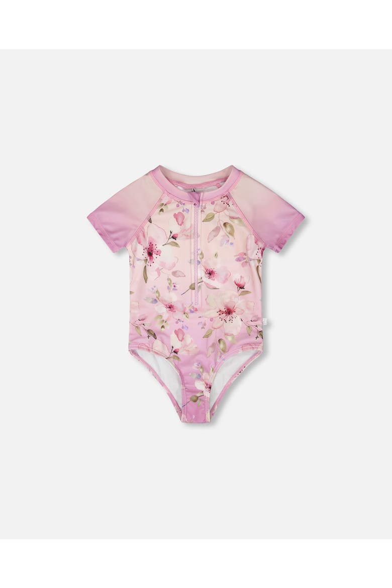 One-Piece Short Sleeve Flower Swimsuit, Main, color, Purple Flower Print