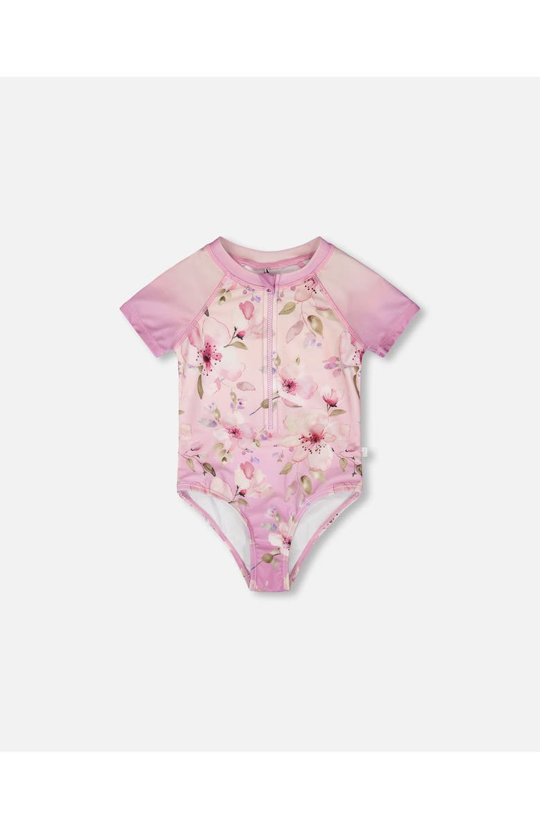 Deux par Deux One-Piece Short Sleeve Flower Swimsuit, Main, color, Purple Flower Print