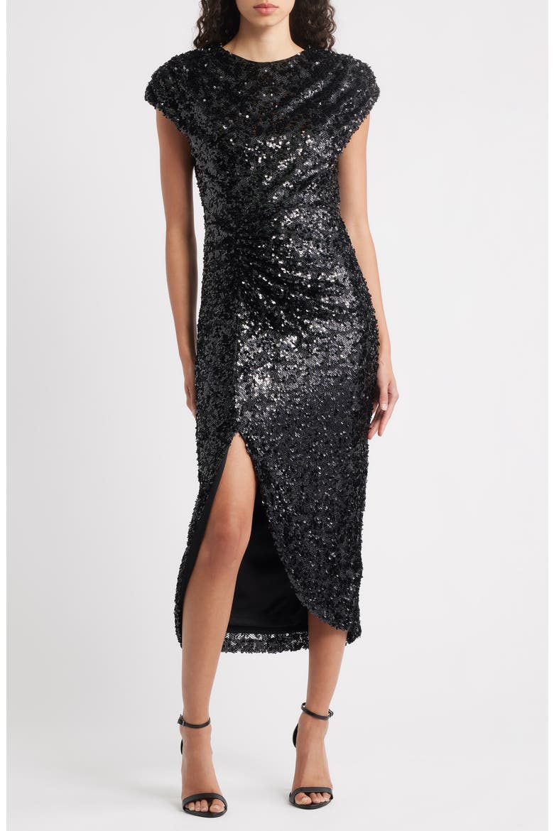 Sequin Cap Sleeve Cocktail Dress, Main, color, BLACK