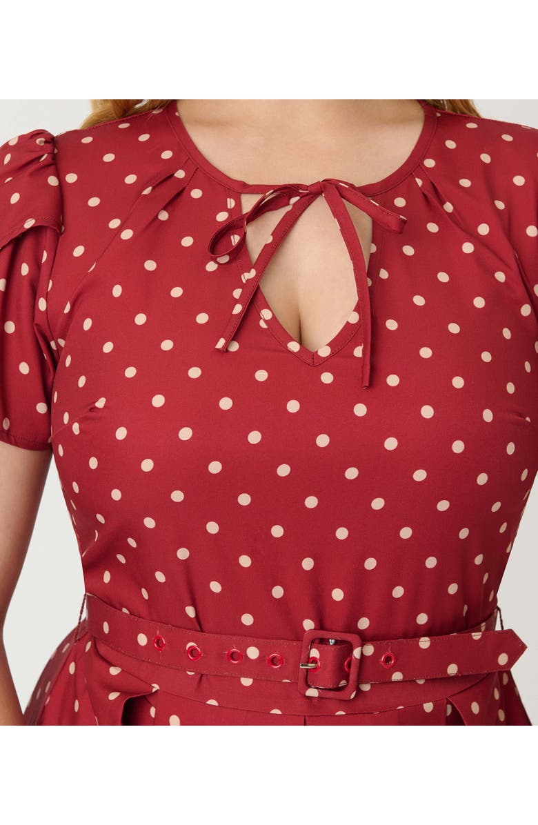 Unique Vintage Short Petal Sleeve Tie Neck Dahlia Swing Dress, Alternate, color, Red & Ivory Dot