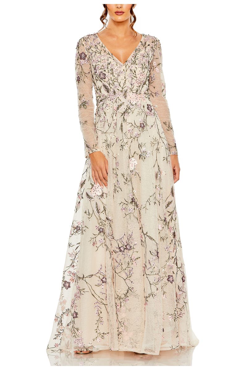 Mac Duggal Women's V Neck Long Sleeve Embroidered A Line Gown, Main, color, Blush