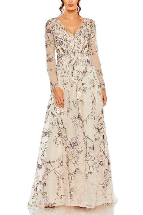 Women's V Neck Long Sleeve Embroidered A Line Gown