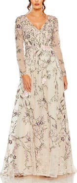 Mac Duggal Women's V Neck Long Sleeve Embroidered A Line Gown