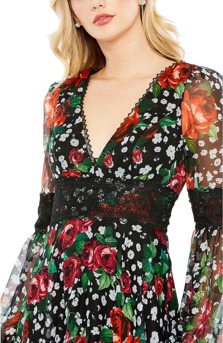 Mac Duggal V-Neck Floral Dress with Long Puff Sleeves and Ruffle Hem, Alternate, color, Black Multi