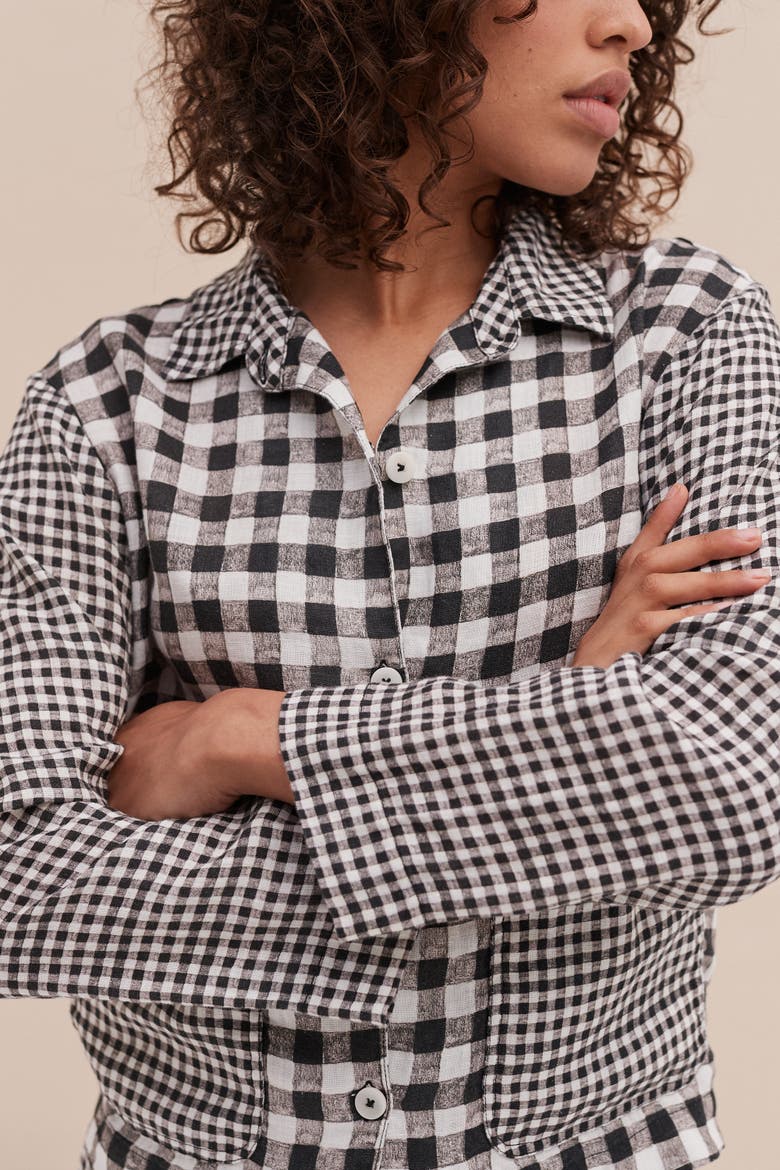 Long Sleeve Linen Pajamas, Alternate, color, GINGHAM LINEN BLACK/WHITE