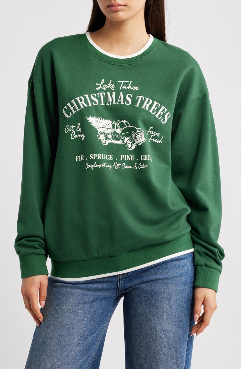 GOLDEN HOUR Holiday Tree Farm Graphic Sweatshirt, Main, color, Washed Forest/ Marshmallow