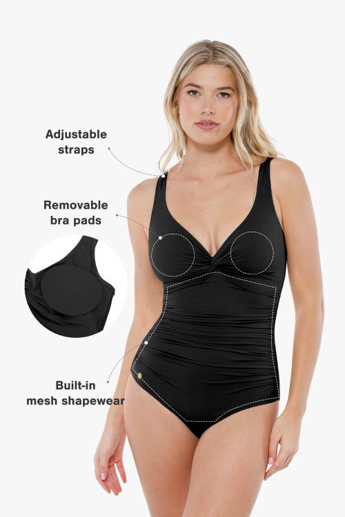 Popilush Shapewear Twist Front Ruched Sculpting Swimsuit In Classic Black
