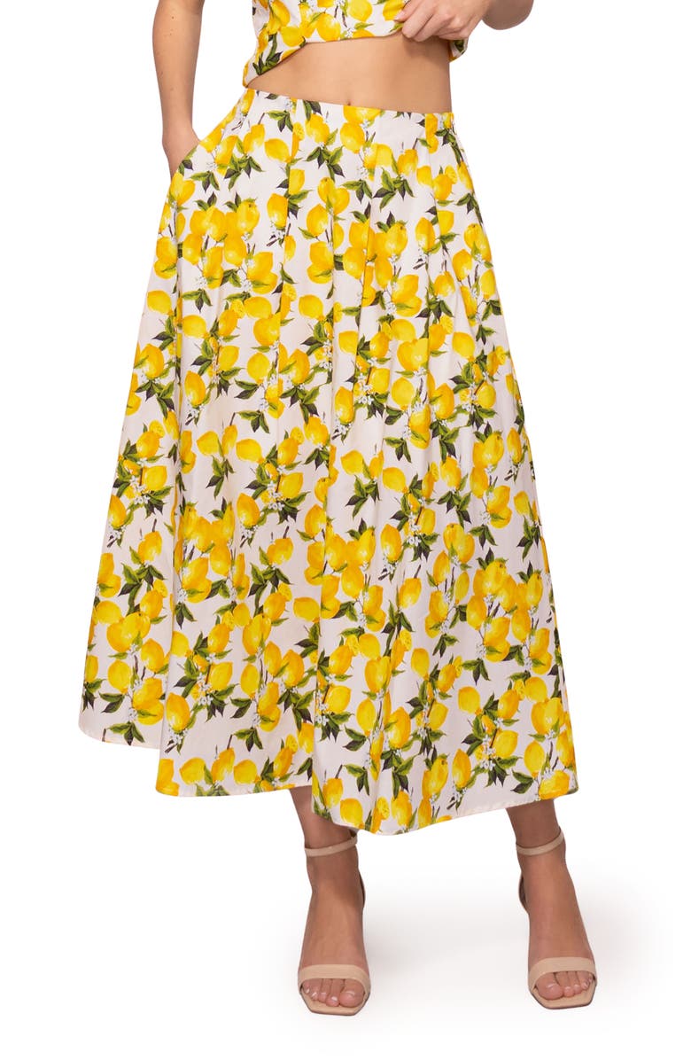 MELLODAY Lemon Poplin A-Line Maxi Skirt, Main, color, Lemon Print
