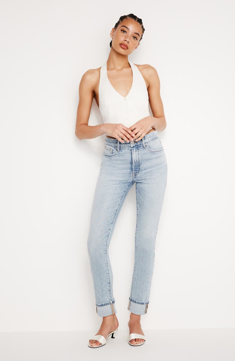 Good American Good Classic High Waist Cuff Skinny Jeans, Alternate, color, Indigo703