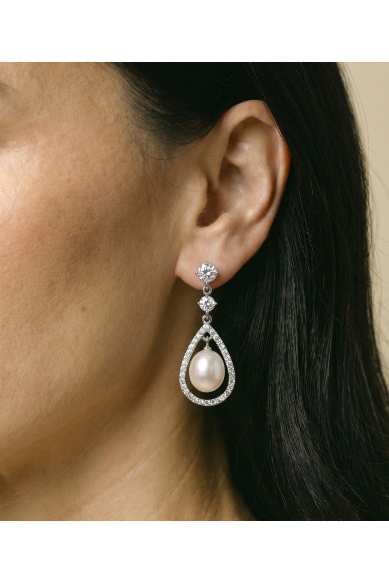 White Freshwater Pearl Dazzel Earrings, Alternate, color, Sterling Silver