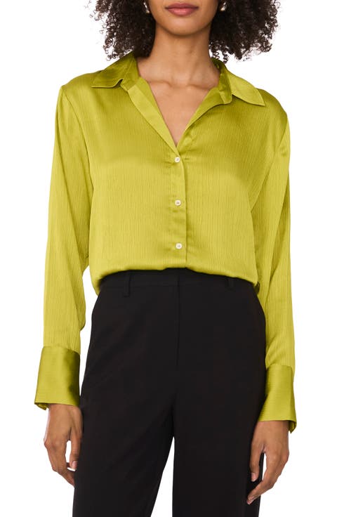 Textured Satin Long Sleeve Button-Up Shirt