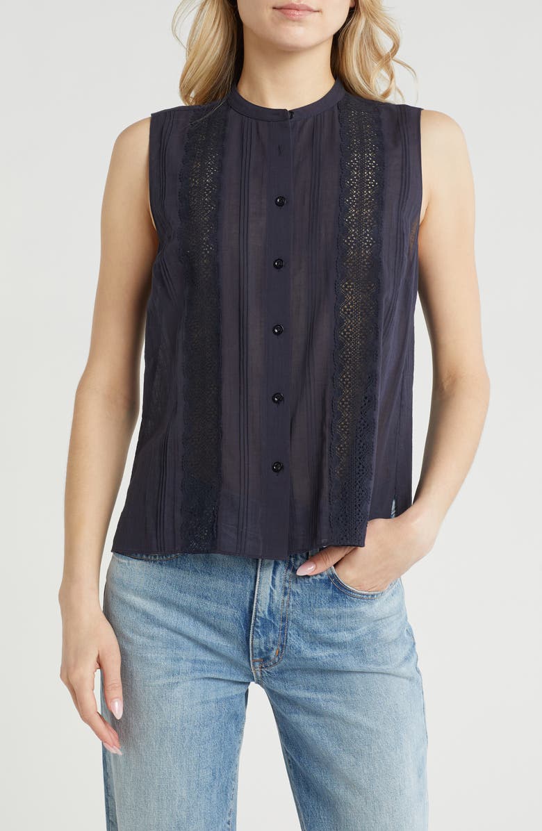 FRAME Lace Trim Sleeveless Button-Up Shirt, Main, color, Navy