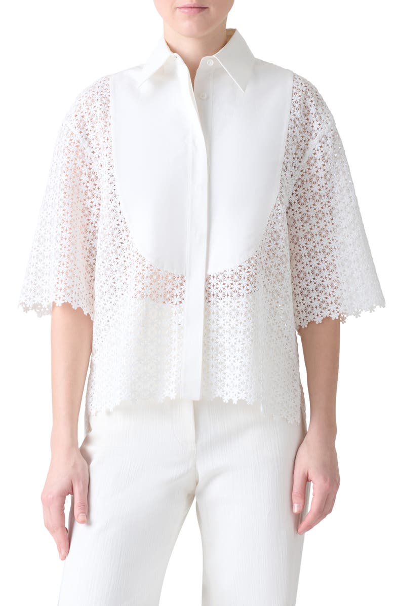 Akris punto Plastron Daisy Guipure Button-Up Shirt, Main, color, Cream