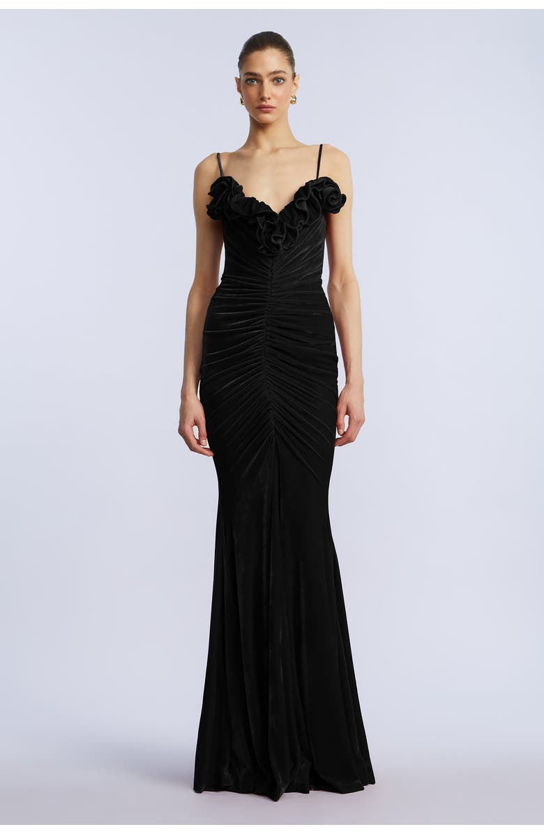 BCBGMAXAZRIA Ruffle Velvet Gown, Main, color, Black