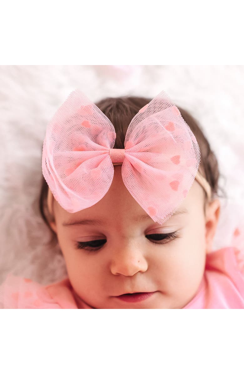 Sweet Wink Flocked Heart Valentine
s Day Tulle Bow Baby Headband, Alternate, color, Pink