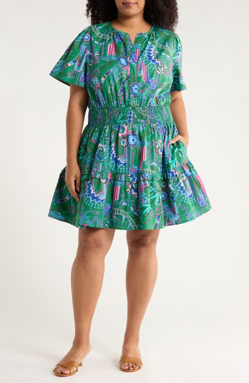 SUGARLIPS Vesper Geo Aylin Smocked Waist Cotton Minidress in Kelly-Blue-Mul 