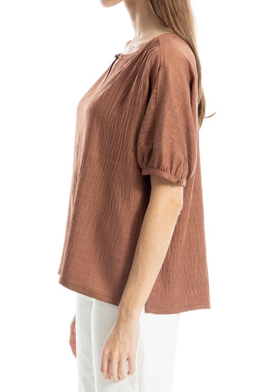 Max Studio Short Sleeve Split Neck Blouse In Chestnut