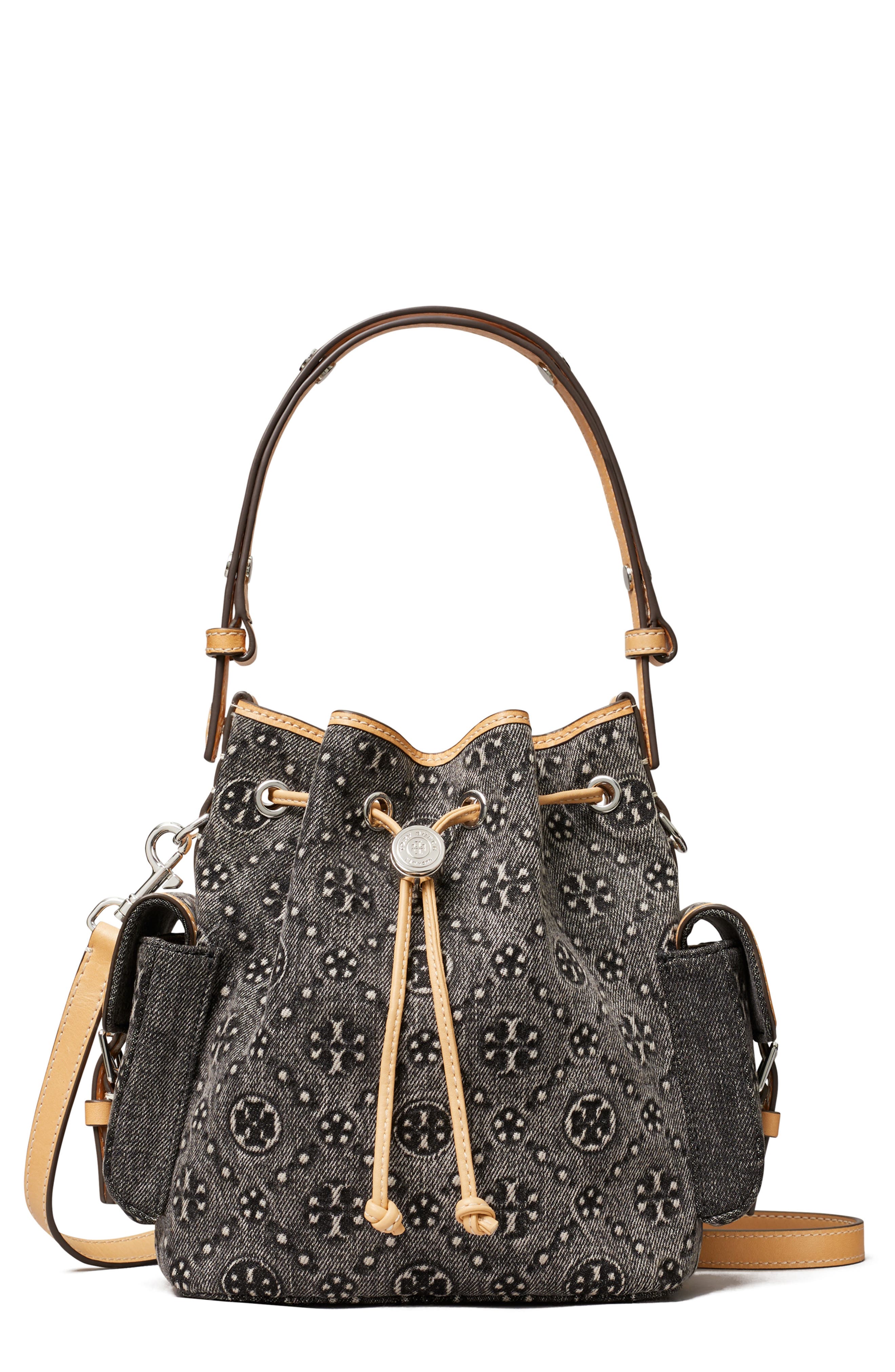 Tory Burch T Monogram Denim Bucket Bag, Main, color, Black