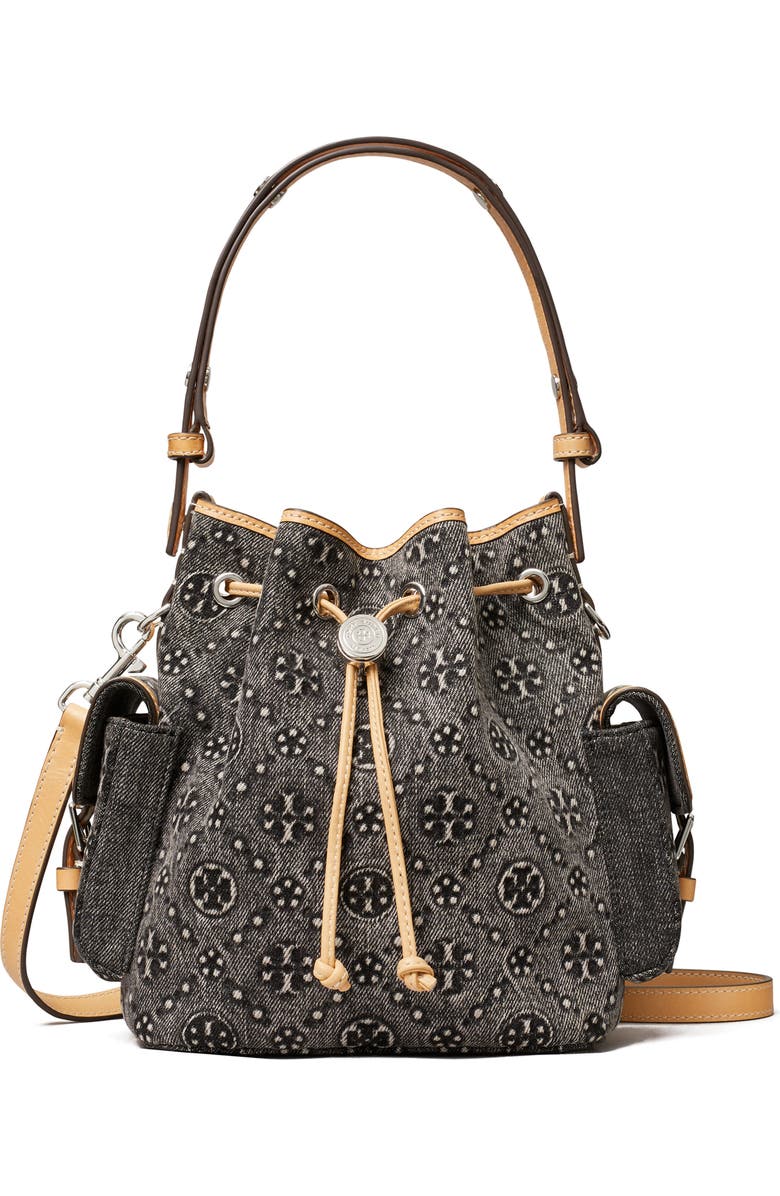 Tory Burch T Monogram Denim Bucket Bag, Main, color, Black