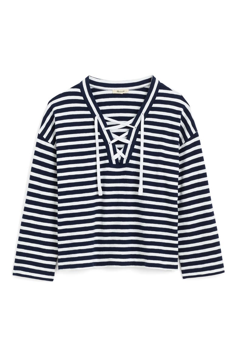 Stripe Lace-Up Long Sleeve Top, Alternate, color, NAVY