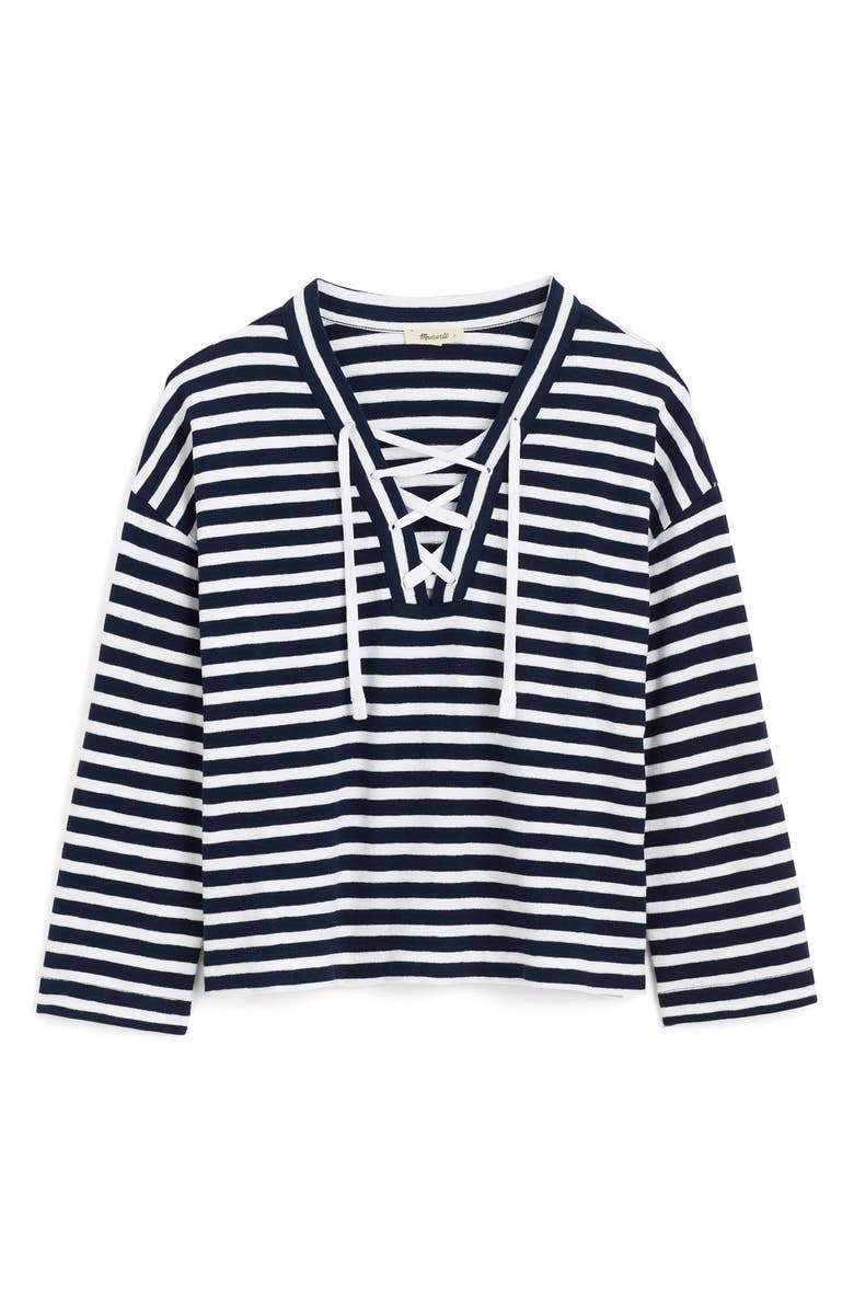 Madewell Stripe Lace-Up Long Sleeve Top, Alternate, color, Navy