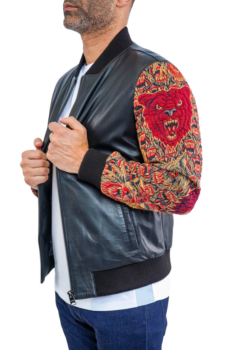 Dragon Sleeve Leather Bomber Jacket, Alternate, color, BLACK