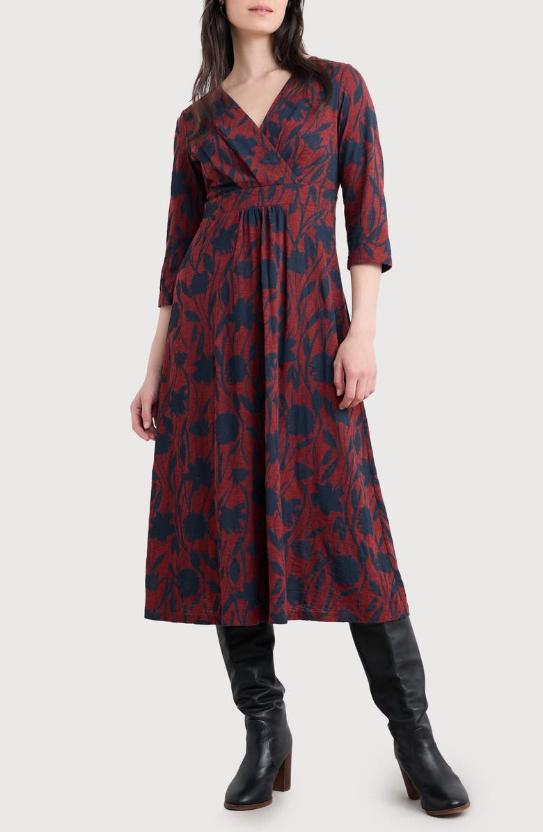 Seasalt Cornwall Chapelle Floral Organic Cotton Jersey Midi Dress, Main, color, Windswept Floral Burgundy