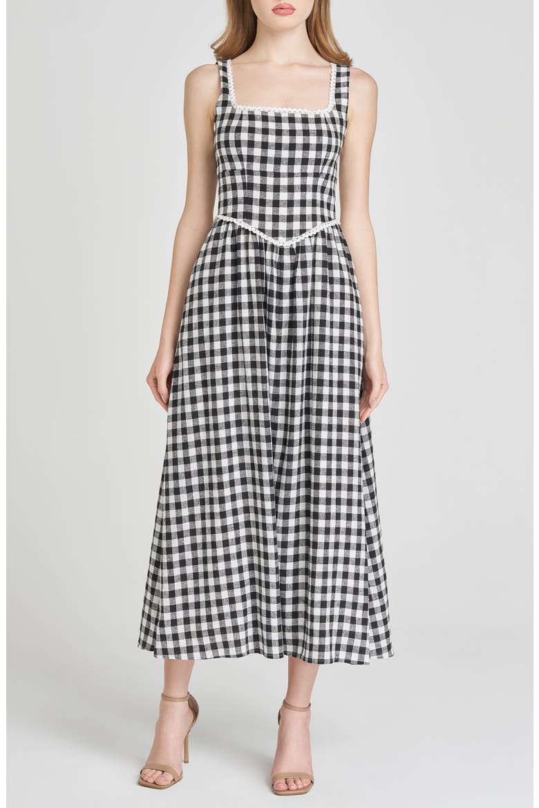 x Styled by COCO! Gracie Gingham Linen Blend Midi Dress, Main, color, BLACK GINGHAM