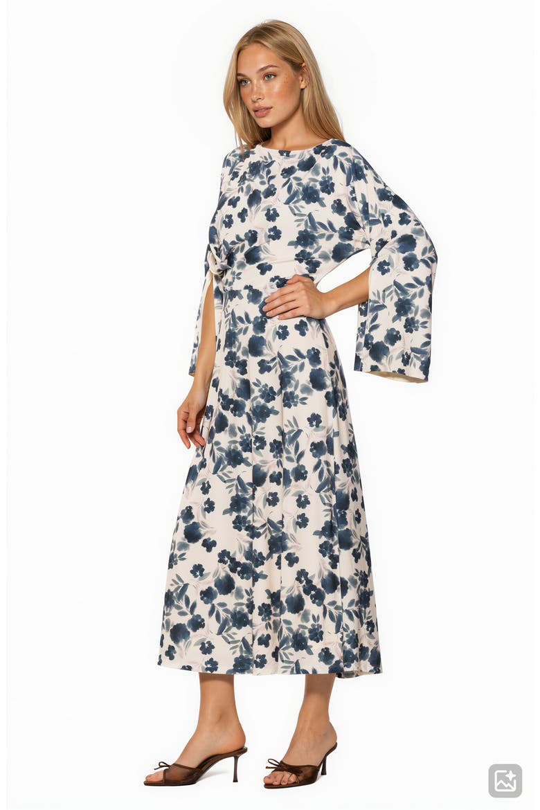 Cleo Boat Neck Trumpet Sleeve Midi Dress, Alternate, color, IVORY WATERCOLOR