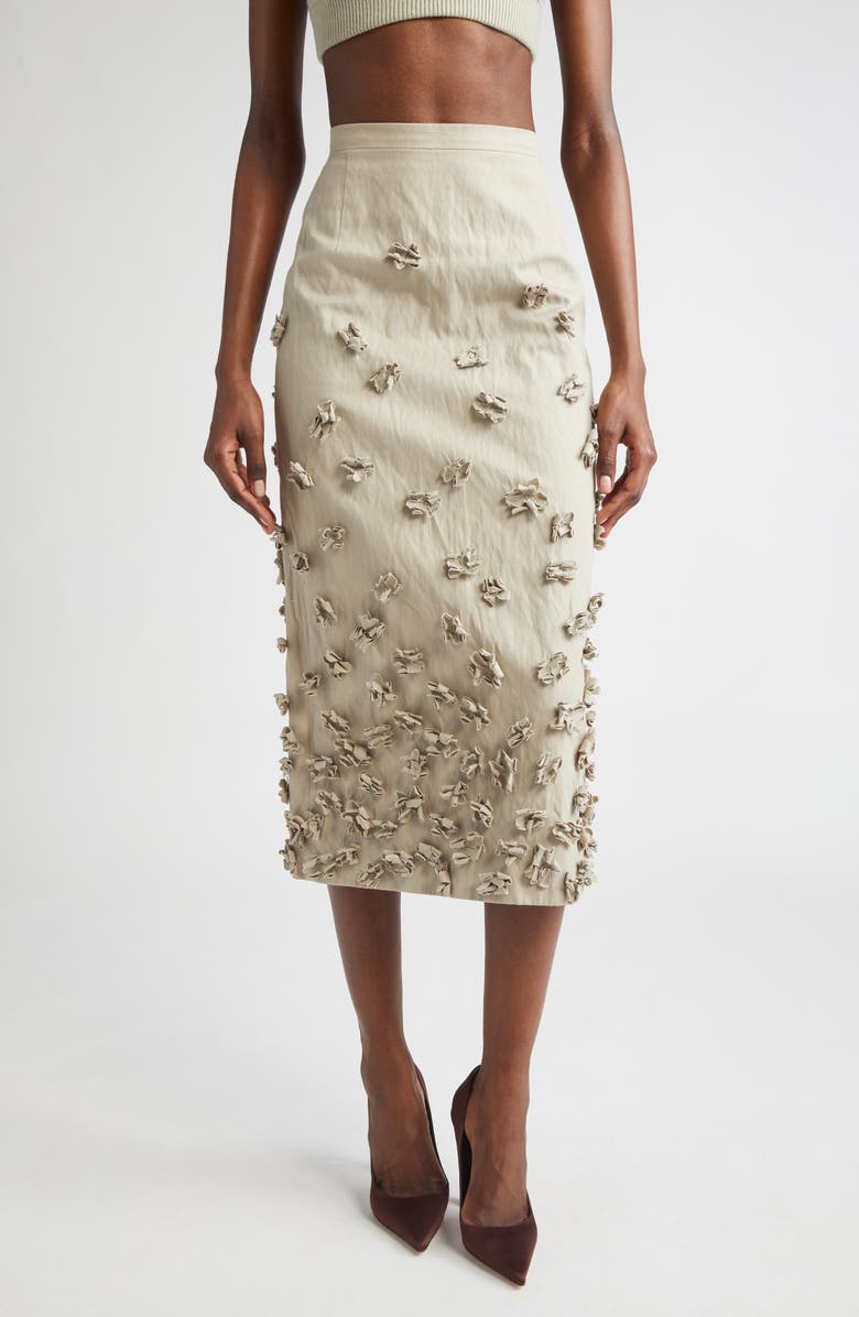 Michael Kors Collection Floral Appliqué Crushed Gabardine Skirt, Main, color, Almond