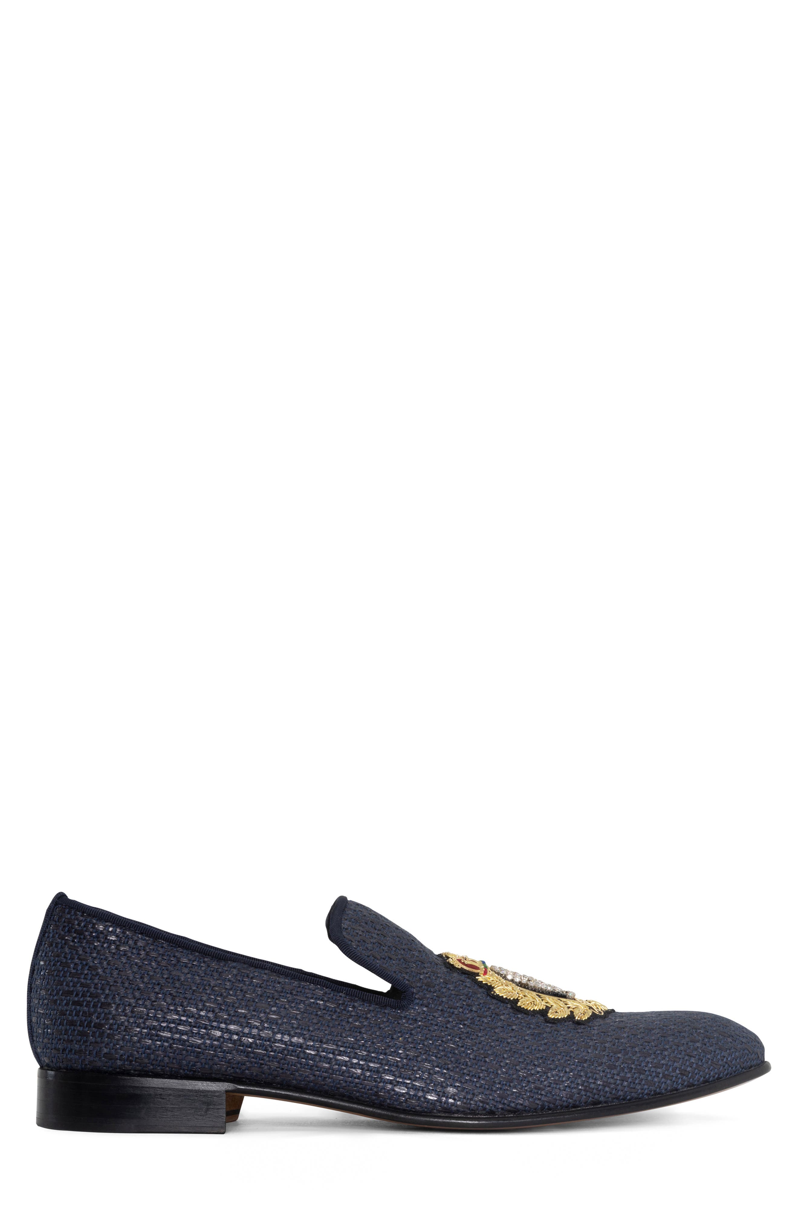 Donald Pliner Crest Embroidered Patch Loafer, Alternate, color, Navy