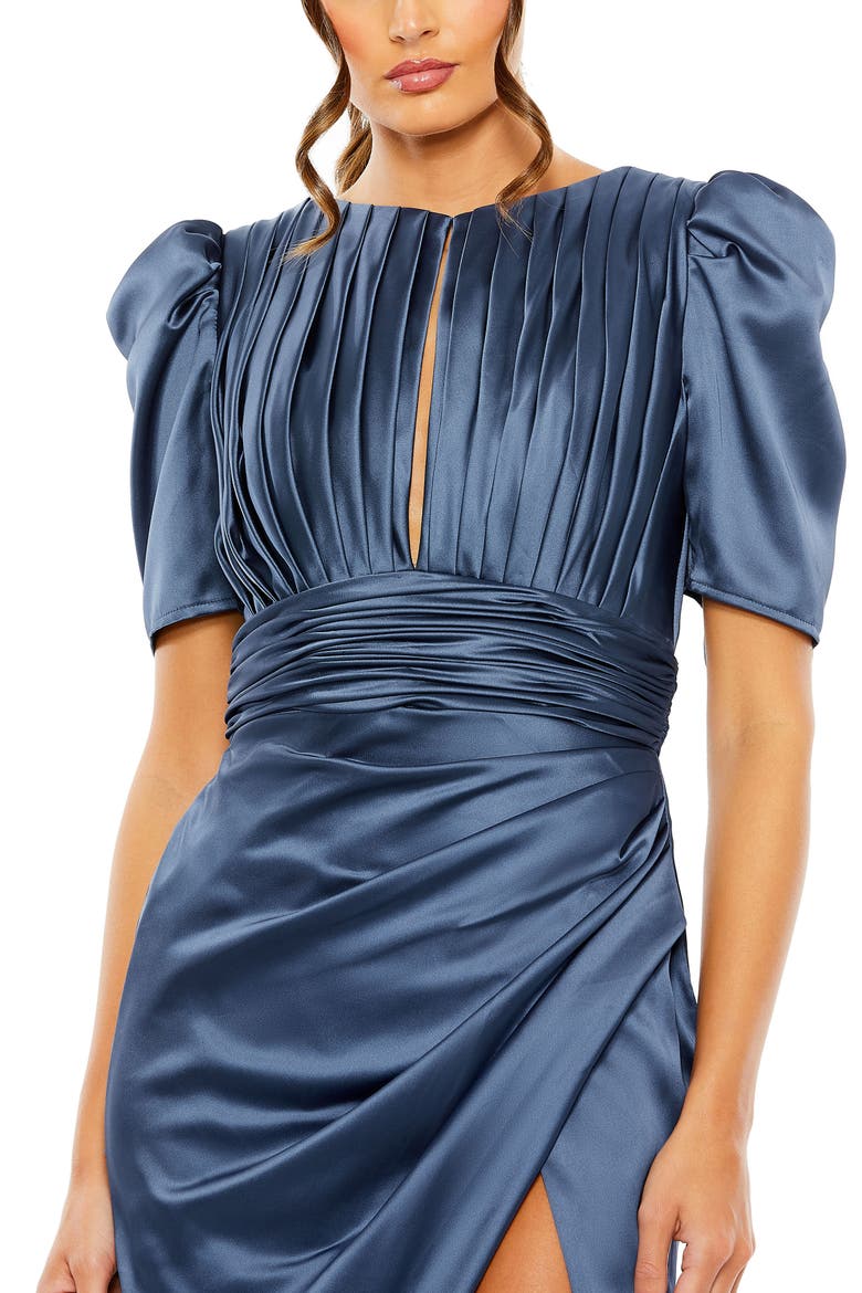 Pleated Charmeuse Dress with Puff Sleeves and Draped Waist, Alternate, color, MIDNIGHT