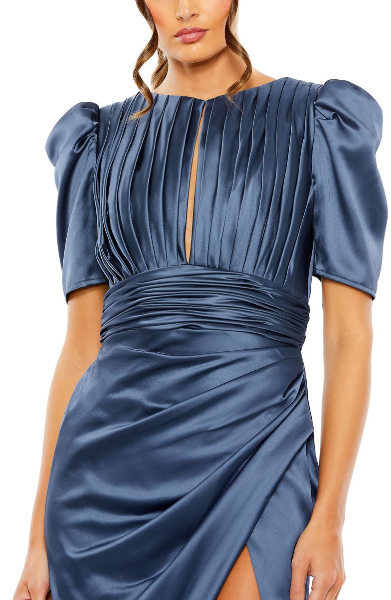 Mac Duggal Pleated Charmeuse Dress with Puff Sleeves and Draped Waist, Alternate, color, Midnight