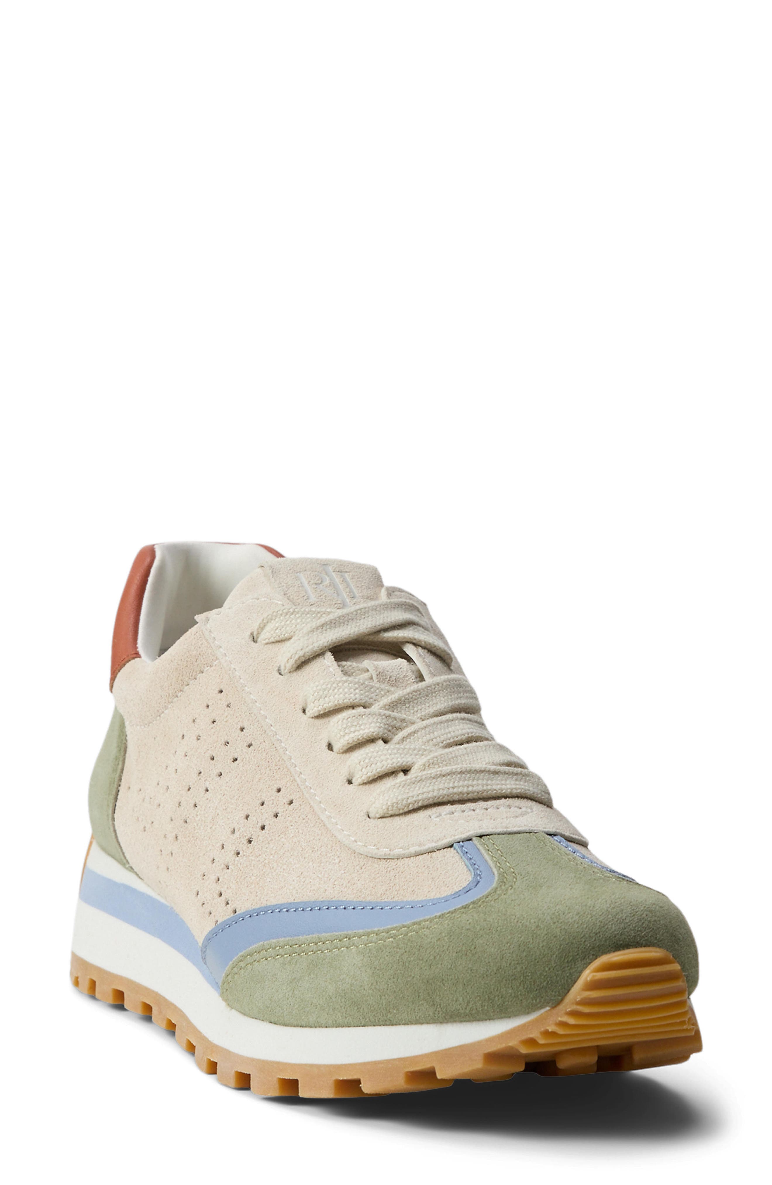 Ralph Lauren Dani Perforated Lace-Up Sneaker, Alternate, color, Explorer Sand/Green/Blue