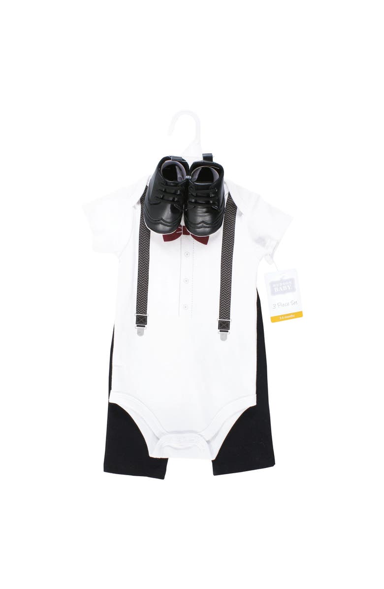 Hudson Baby Cotton Bodysuit, Pant and Shoe Set, Alternate, color, Burgundy Black Bow Tie