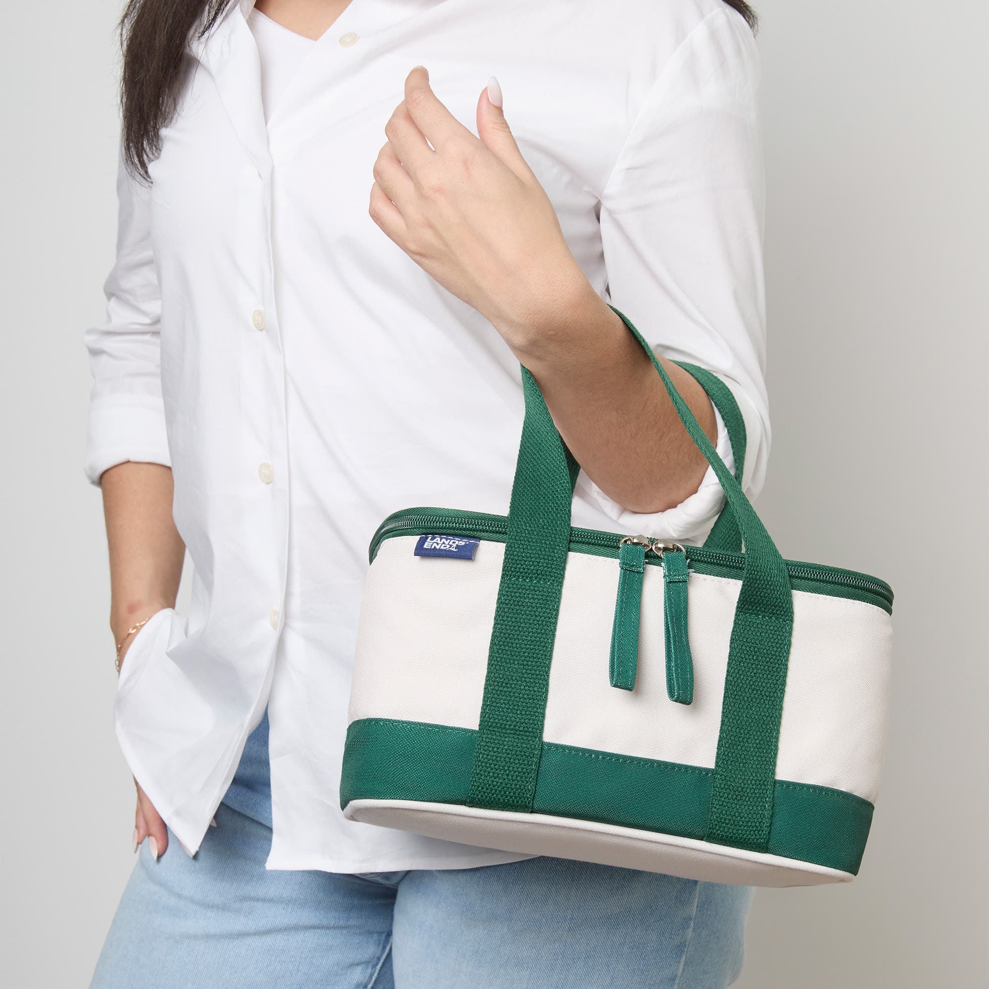 Lands' End Rectangular Small Cooler Bag Insulated 1.5 Gal, Canvas Soft Cooler with Tote Handles and Zip Closure, Alternate, color, Kelly Green