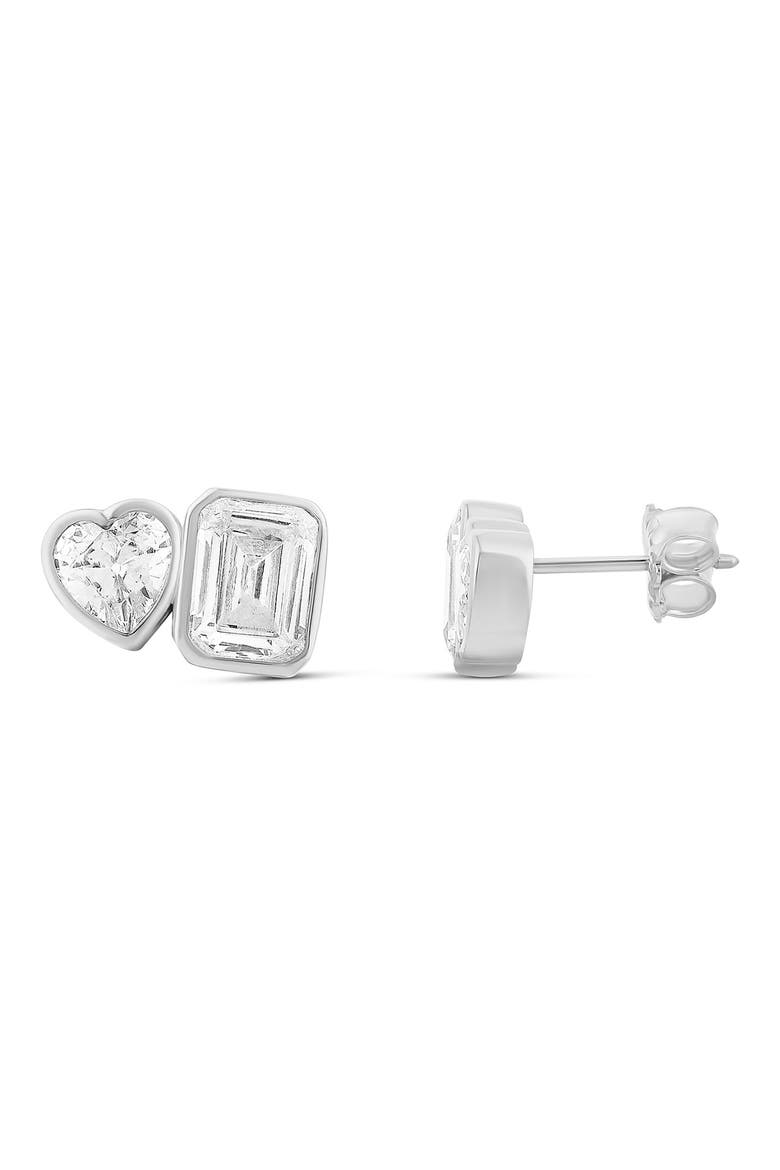 Fancy 2-Stone Bezel Stud Earrings, Main, color, SILVER/ WHITE