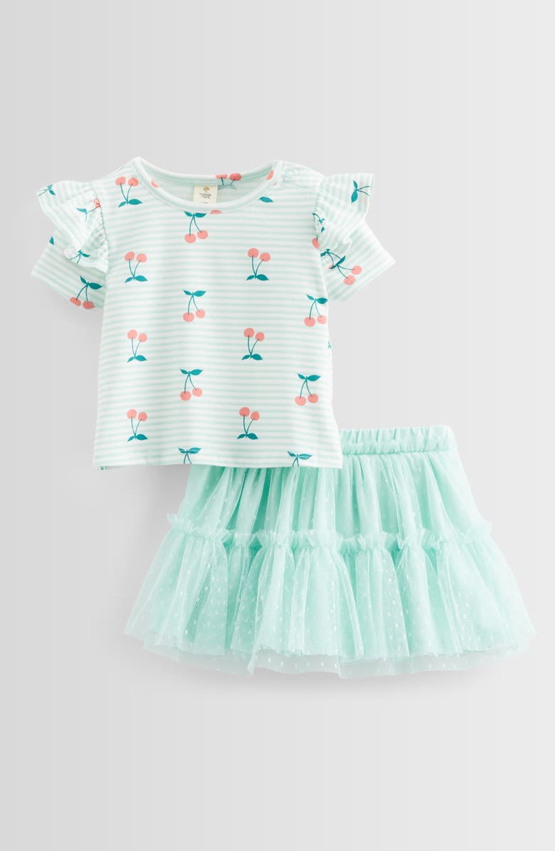 Tucker + Tate Ruffled Graphic T-Shirt & Tiered Tutu Skirt Set, Main, color, Green Cherry Stripe- Green