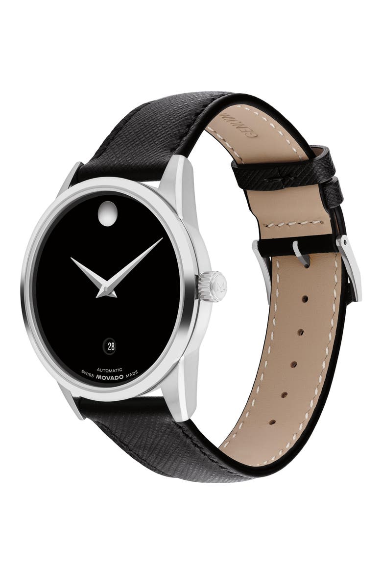 Museum Classic Automatic Leather Strap Watch, 40mm, Alternate, color, BLACK/ SILVER