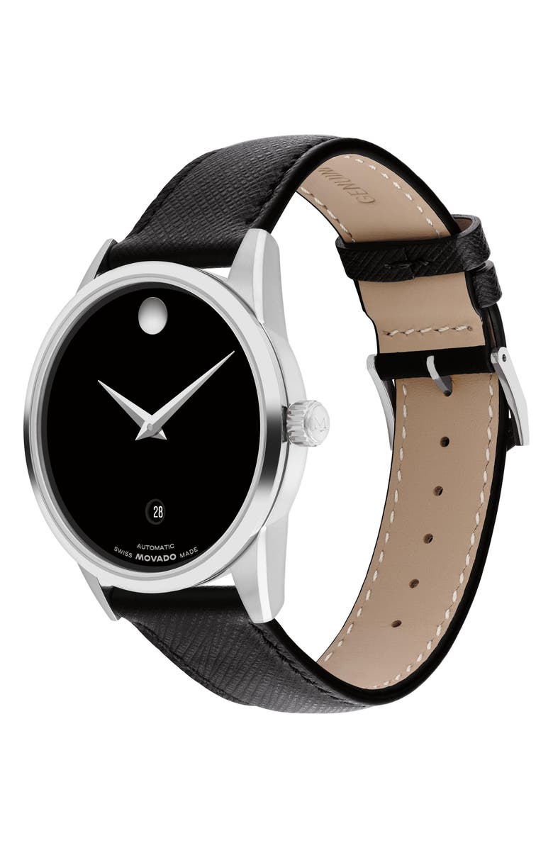 Movado Museum Classic Automatic Leather Strap Watch, 40mm, Alternate, color, Black/ Silver