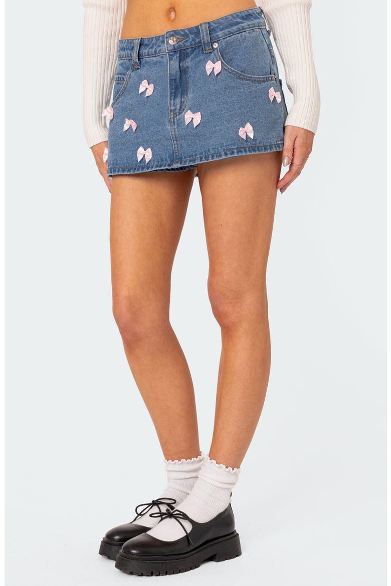 Alivia Satin Bow Denim Miniskort, Alternate, color, BLUE