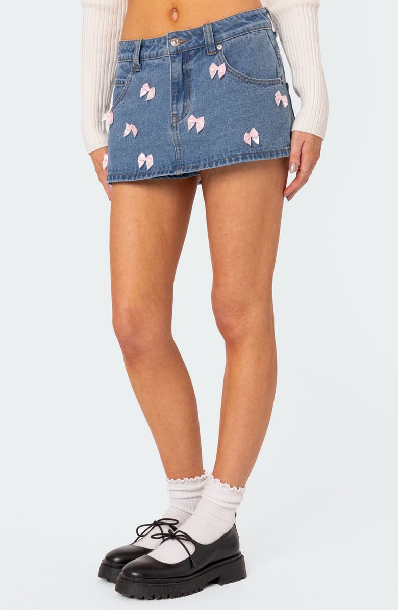 EDIKTED Alivia Satin Bow Denim Miniskort, Alternate, color, Blue