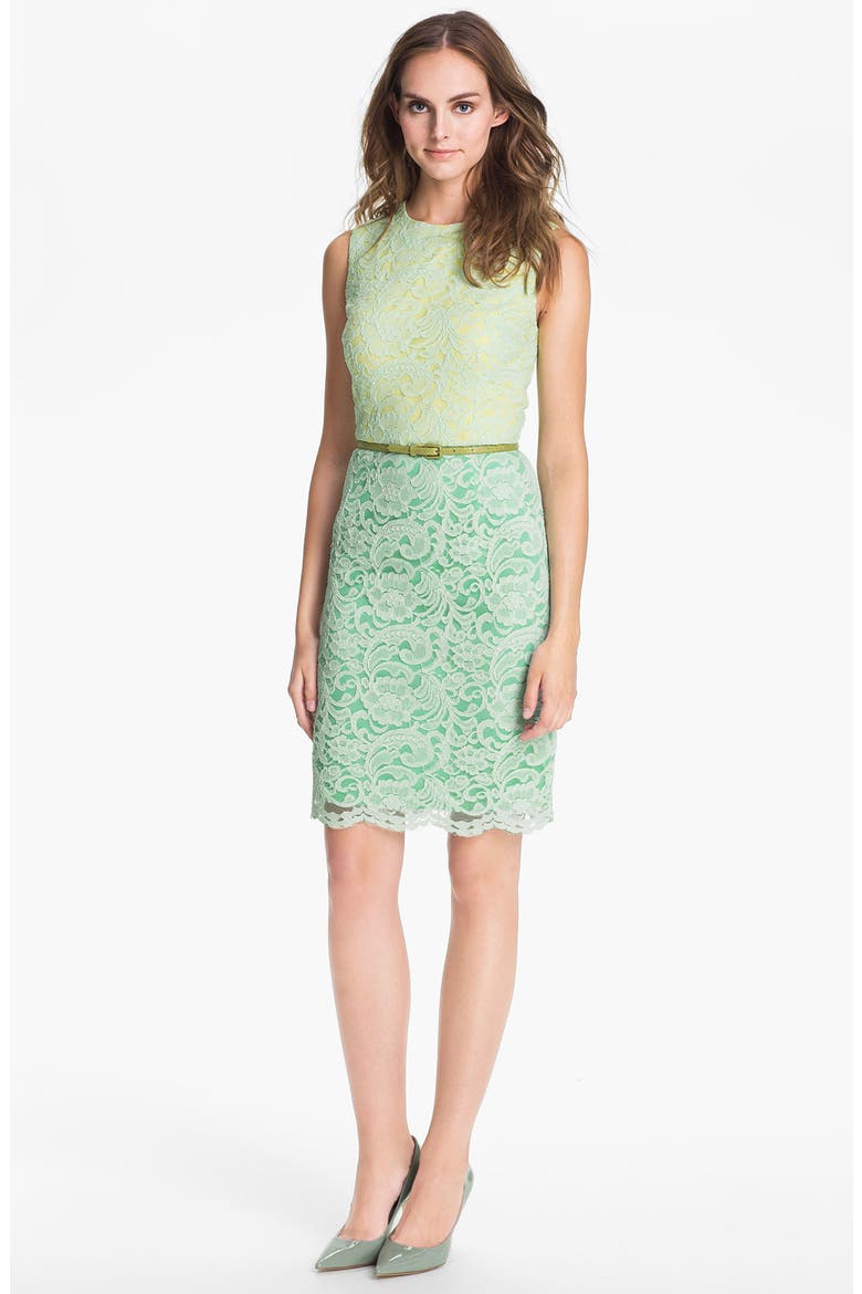 Belted Lace Sheath Dress, Main, color, GREEN MULTI