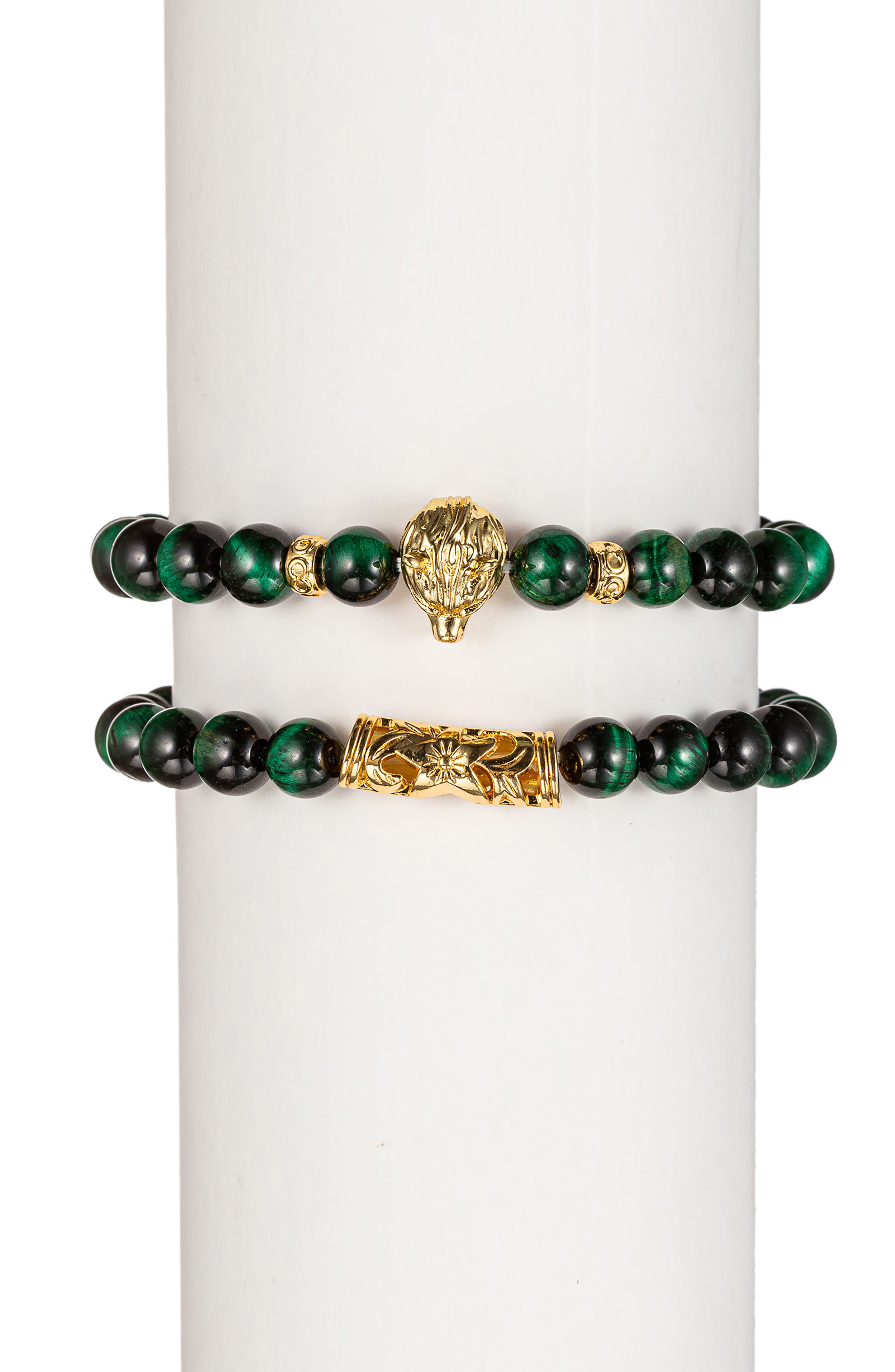 EYE CANDY LOS ANGELES Green Tigers Eye Buddha Bracelets - Set of 2