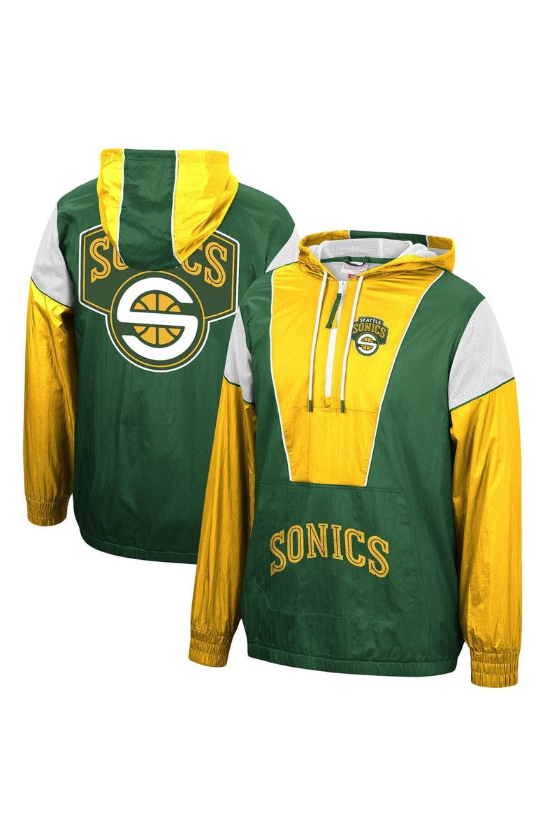 Mitchell & Ness Men's Mitchell & Ness Green/Gold Seattle Supersonics Hardwood Classics Highlight Reel Windbreaker Hoodie Half-Zip Jacket, Main, color, 