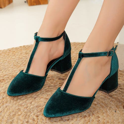 Forever & Always Shoes Anicette Velvet Mary Jane Heels In Emerald Green
