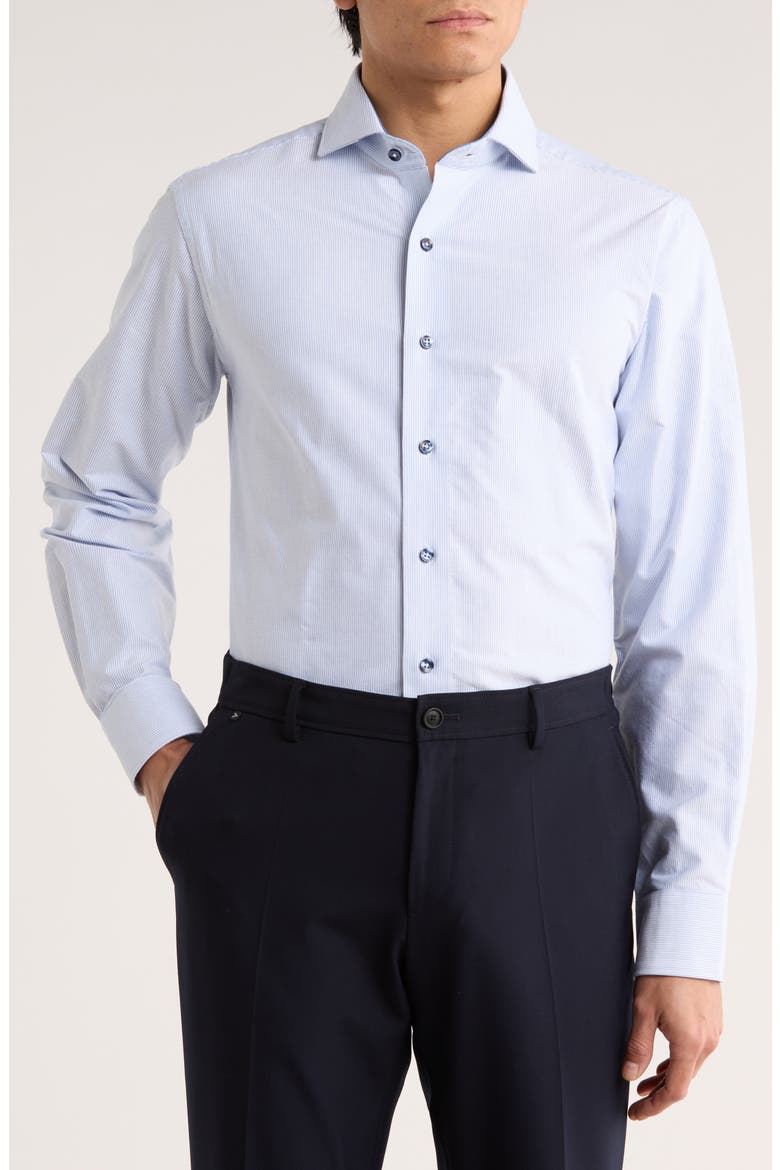 Trim Fit Textured Vertical Stripe Cotton Dress Shirt, Main, color, NAVY/ WHITE