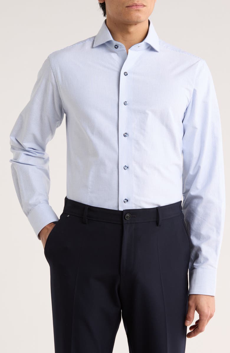 Lorenzo Uomo Trim Fit Textured Vertical Stripe Cotton Dress Shirt, Main, color, Navy/ White