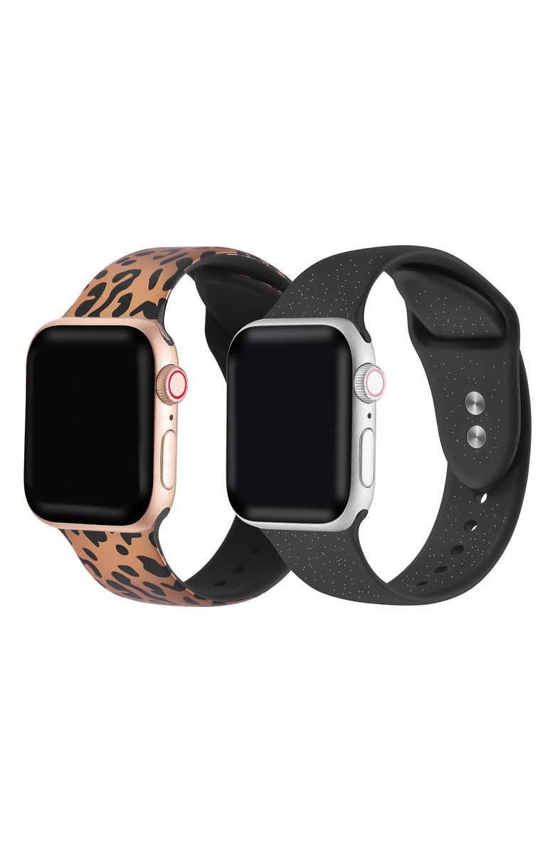 The Posh Tech Assorted 2-Pack Animal Print & Solid Silicone Apple Watch<sup>®</sup> Watchbands, Alternate, color, Rose Gold / Black